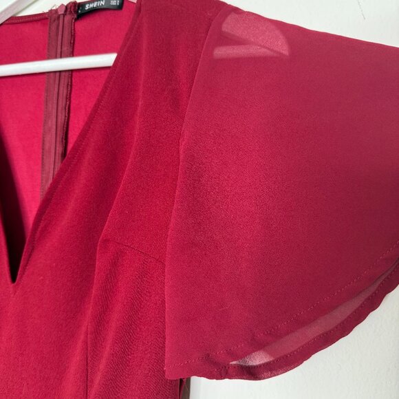 SHEIN | Slant Pocket Burgundy V-Neck Flutter Sleeve Jumpsuit - 4 - Picture 5 of 7